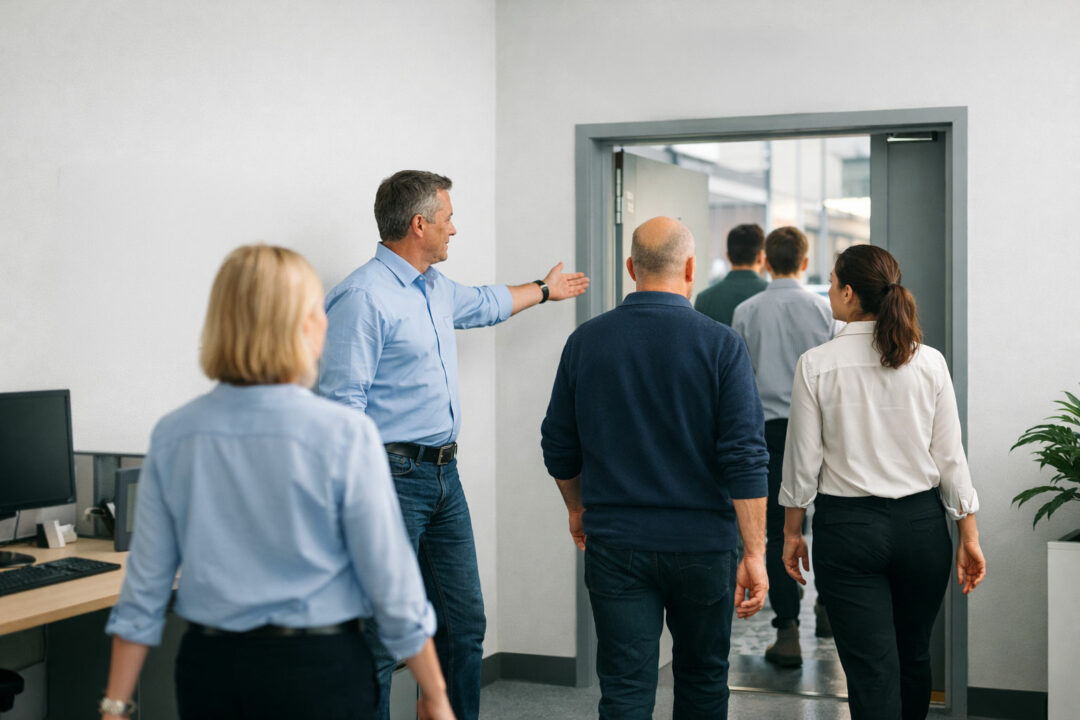 Medewerkers verlaten rustig een kantoor via de nooduitgang tijdens een ontruimingsoefening
