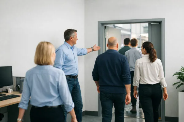 Medewerkers verlaten rustig een kantoor via de nooduitgang tijdens een ontruimingsoefening