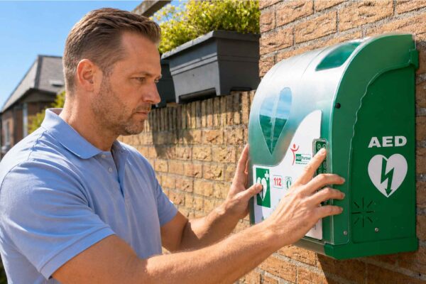 een man pakt een aed uit een aed kast die buiten hangt